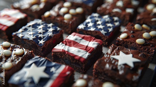 Homemade chocolate brownies with American flag on a wooden background. © Sumera
