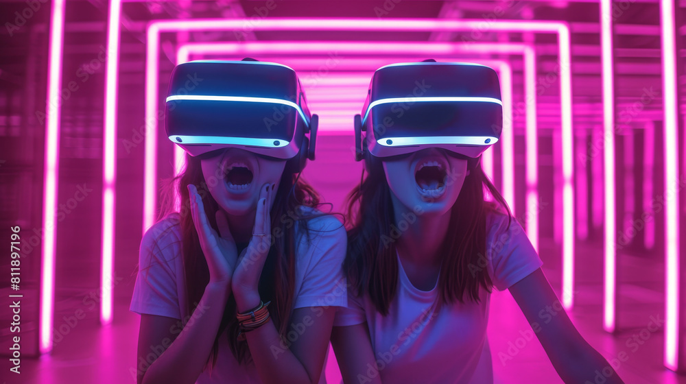 Two teens compete in VR game in neon room. Two teens compete in VR game in neon room.