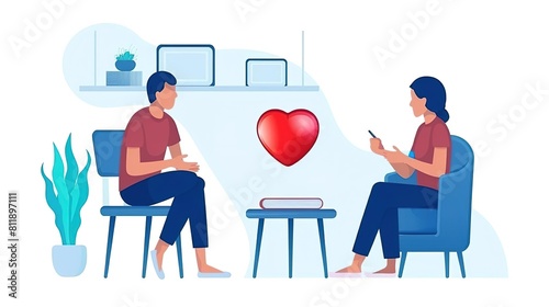 Two people, one on the left and one on the right, are holding a red heart between them. The background is white with a blue and green leaf pattern on the right.