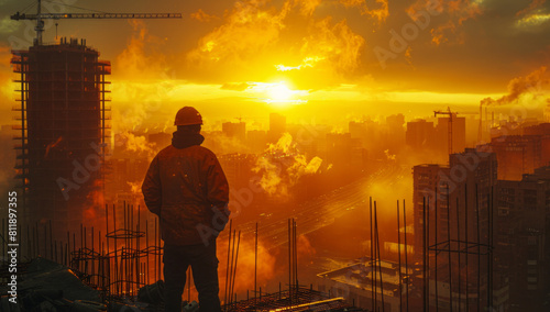 Movie Still of Sunset in the City with Workers on Scaffolding