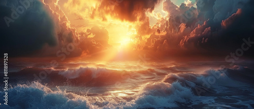 Sunrays piercing manipulated clouds, illuminating stormy sea dramatically. photo