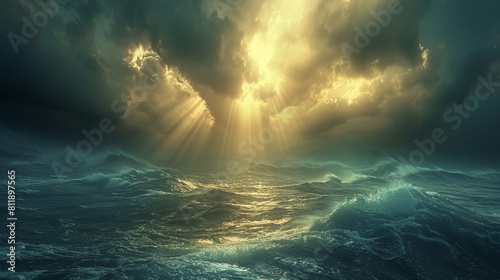 Sunrays pierce manipulated clouds  casting a dramatic light on stormy sea