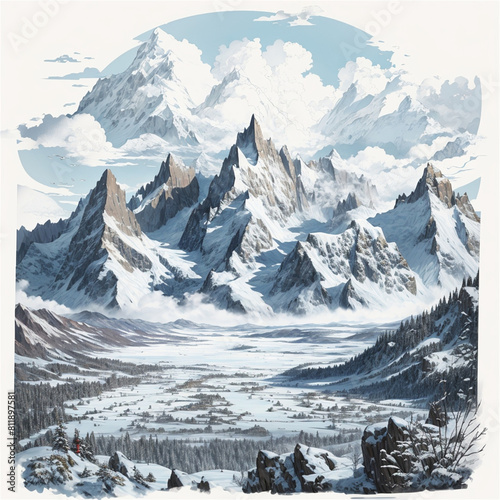 landscape with clouds and sky, river, grassland, watercolor, t-shirt design, snow mountains
