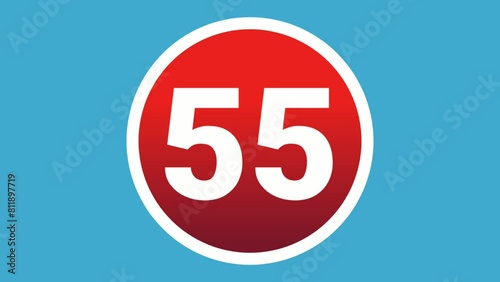 Pop up Number 55 sign symbol 2d animation motion graphics icon on red sphere on blue background,cartoon video numbers for video elements
