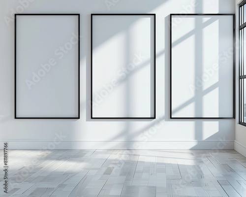 Modern dance studio with three blank posters in dynamic black frames spotlighted against a bright white wall perfect for class schedules or event promotions