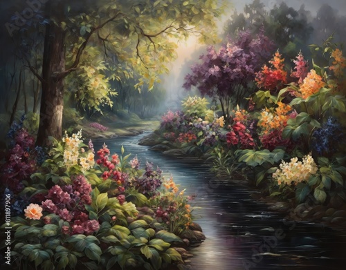 Painting of the Garden of Eden - Lush landscape with flowers and stream - Fantasy illustration