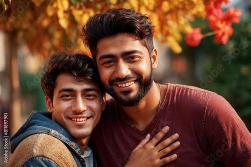 Two men friends, male multi ethnic diverse buddies hugging and smiling