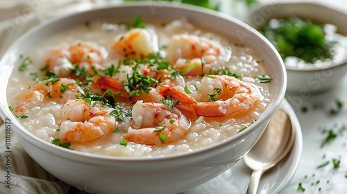 A close shot of a ceramic bowl filled with Congee with shrimps and fresh ginger against a clean surface with space for text or product advertisement, Generative AI.