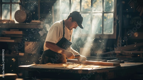 An experienced artisan carefully shapes wooden elements, demonstrating the art of fine woodworking in his cluttered workshop. AIG41