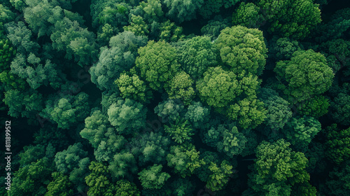 A mesmerizing aerial view of a lush, dense forest with patterns of trees and clearings. © ChubbyCat