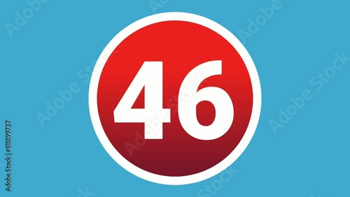 Pop up Number 46 sign symbol 2d animation motion graphics icon on red sphere on blue background,cartoon video numbers for video elements