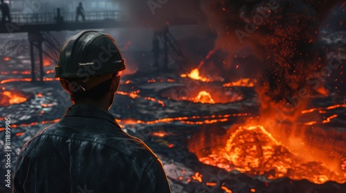 A lone steel worker looks out over a slag heap. photo