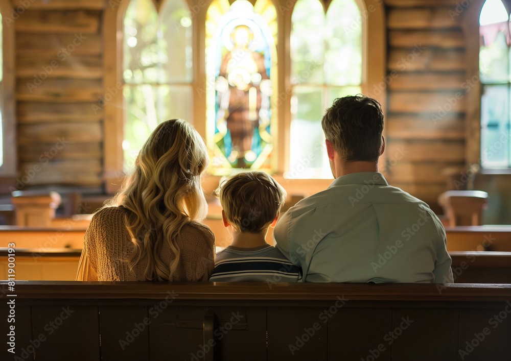 The family sits on a bench in a small church, focused on prayer, united in spiritual compassion and devotion. Their presence in this holy place exudes peace and spiritual unity. The family sits on a bench in a small church, focused on prayer, united in spiritual compassion and devotion. Their presence in this holy place exudes peace and spiritual unity.