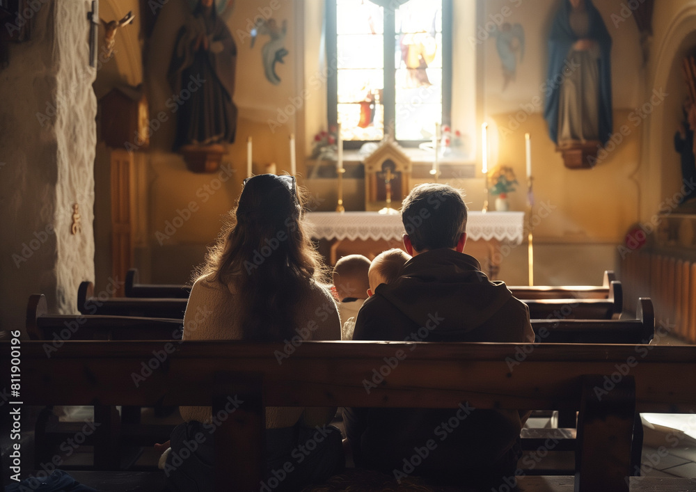 The family sits on a bench in a small church, focused on prayer, united in spiritual compassion and devotion. Their presence in this holy place exudes peace and spiritual unity. The family sits on a bench in a small church, focused on prayer, united in spiritual compassion and devotion. Their presence in this holy place exudes peace and spiritual unity.