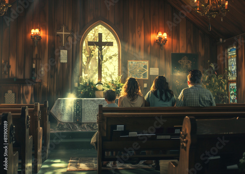 The family sits on a bench in a small church, focused on prayer, united in spiritual compassion and devotion. Their presence in this holy place exudes peace and spiritual unity.