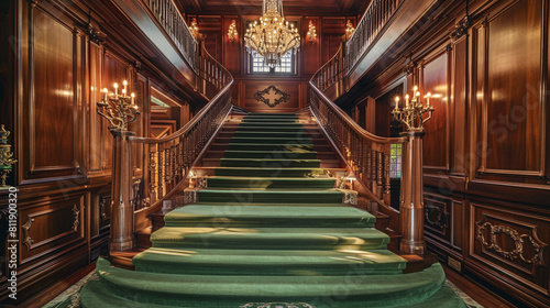 Opulent mansion foyer with sage green carpeted stairs flanked by traditional wood paneling and an ornate handrail A classic chandelier with candle-like bulbs provides a timeless elegance