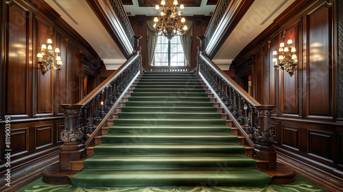 Opulent mansion foyer with sage green carpeted stairs flanked by traditional wood paneling and an ornate handrail A classic chandelier with candle-like bulbs provides a timeless elegance