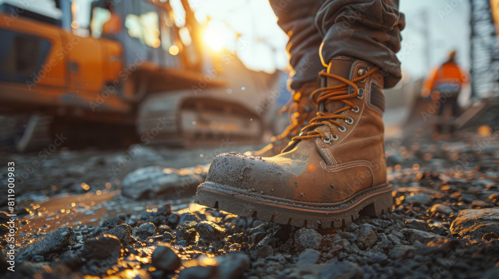 Close-up of a dirty work boot stepping on muddy ground at a construction site during sunset.