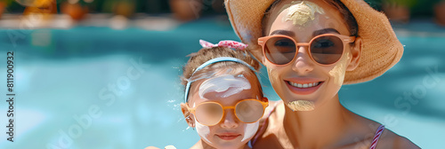 Mother and daughter  woman and child with sunscreen on her faces. Sun safety for summer  sun protection factor  skincare  spf cosmetology and beauty concept with copy space.