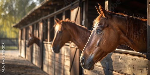 A portrait of happy and healthy horses in modern horse farm with a big space for text or product advertisement background, Generative AI. © Noobs