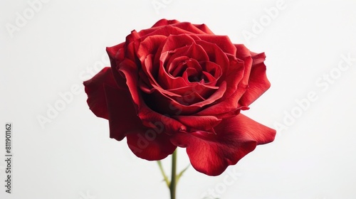 A red rose blossom set against a pure white backdrop