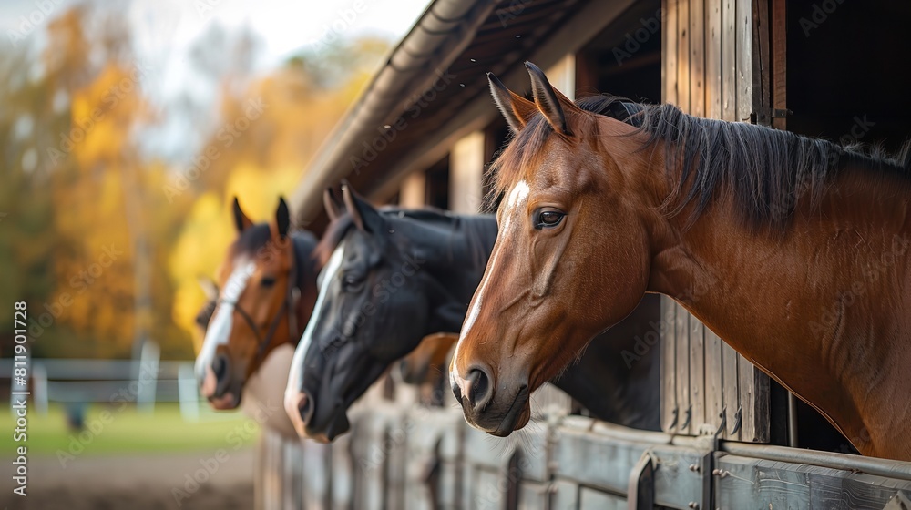 A portrait of happy and healthy horses in modern horse farm with a big space for text or product advertisement background, Generative AI.