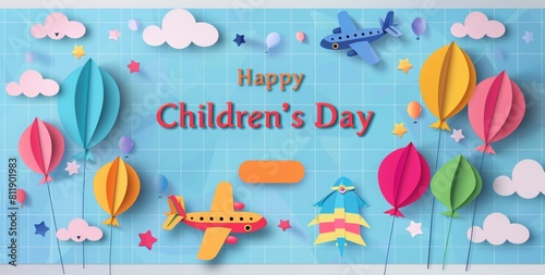 Happy Children's Day banner template with paper cut balloons and plane. Children day banner design for kids school celebration greeting card template.
