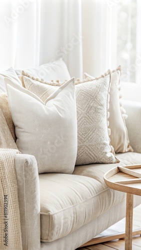 Close up of beige and white linen cushions on a sofa in a modern home interior with a wooden side table near a window.