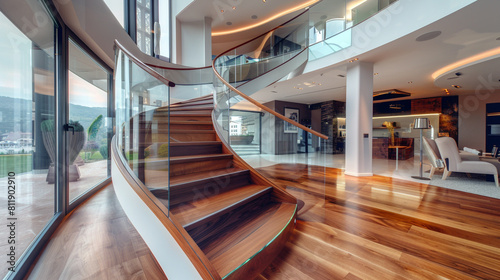 State-of-the-art home staircase combining glass clarity with the natural beauty of polished wood emphasizing spaciousness