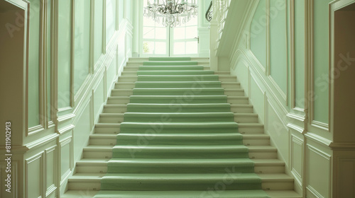 Stunning entrance hall with seafoam green carpeted stairs bordered by white wainscoting and enhanced by an elegant crystal chandelier A soft luxurious runner tops the stairs © Shayan