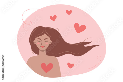 A pixel art illustration of a woman with long pink hair  hearts around her head  and a sweet gesture. Her hairstyle  eyelashes  eyebrows  cheeks  lips  and chin are beautifully detailed