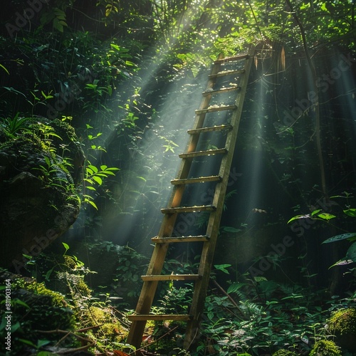 Old wooden ladder disappearing into a lightfilled canopy in a lush forest, morning dew, side view , ultra-HD photo