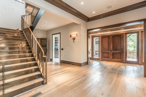 Stylish entrance with a metallic bronze staircase broad wooden front door and wide light hardwood floors extending to an elevated ceiling Rich elegant ambiance