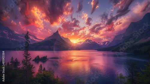 Beautiful colorful sunset over St. Mary Lake and wild goose island in Glacier national park photo