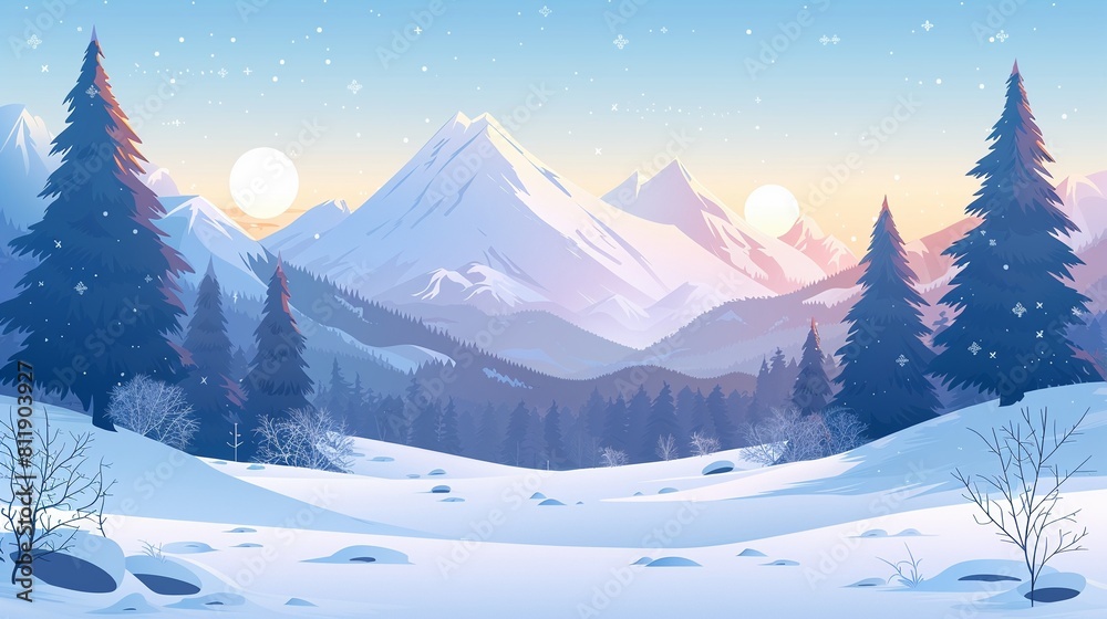 Mountain landscape flat design front view winter theme animation Splitcomplementary color scheme , hyper detailed Mountain landscape flat design front view winter theme animation Splitcomplementary color scheme , hyper detailed