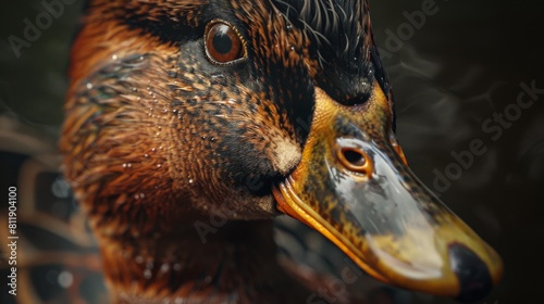 A close-up of a duck's face. The duck is looking at the camera with its brown eyes. Its beak is slightly open. photo