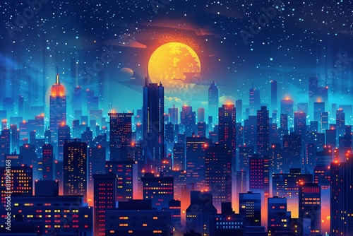 Night cityscape flat design top view urban theme cartoon drawing Tetradic color scheme   ultra-resolution