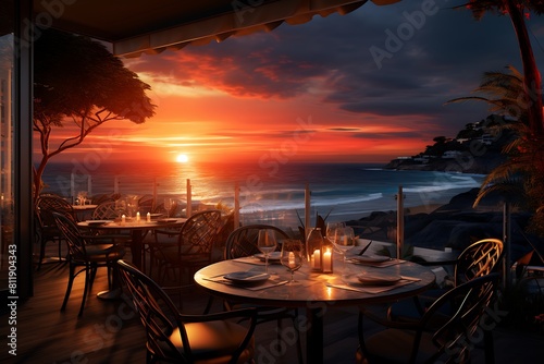 Romantic dinner setting on the terrace of a restaurant at sunset