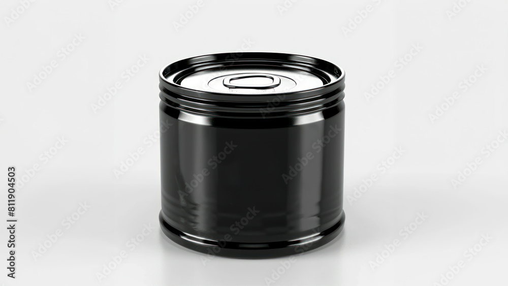 Black tin can on white background. Black jar on light background. Mockup. 3D can. 3D jar. Black Metal can. Black bank. Black tin can on white background. Black jar on light background. Mockup. 3D can. 3D jar. Black Metal can. Black bank.