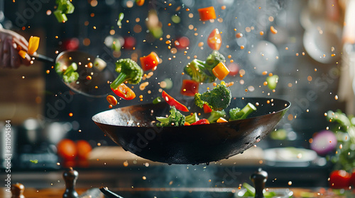 Dynamic Culinary Motion: Chef Tossing Fresh Vegetables in a Wok photo