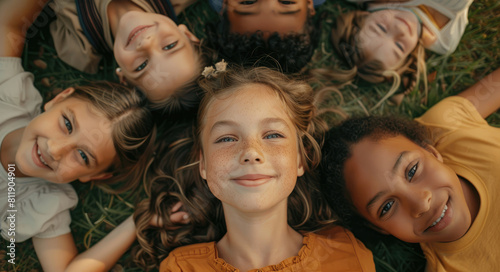 multiethnic children of different races, girls and boys ages five to seven years old lying on their backs in an open field smiling at the camera,