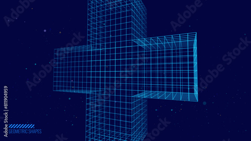 3D Blue Digital Wireframe Grid Plus Sign Background. Lines and Dots Aid and Health Care for Hospital Emergency Banner. Medical Symbol of Emergency Help. 3D Math Plus Vector Illustration.
