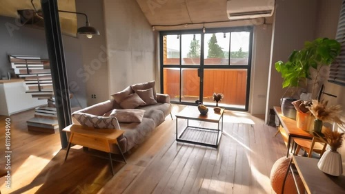 A modern living room with industrial-style elements. The room features a comfortable sofa, wooden flooring, and large windows that allow plenty of natural light.  photo