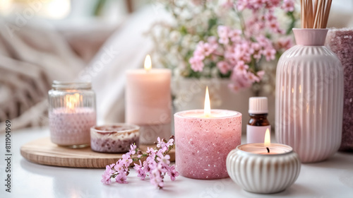 Lit aromatic candles and bottle of essential oil on table. Composition of spa treatment. White and pink colors