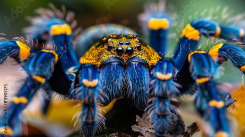 A cobalt blue tarantula, also known as a sapphire tarantula, is a species of tarantula native to the rainforests of South America. photo