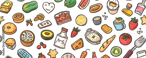 hand - drawn doodles of food and drink on a isolated background