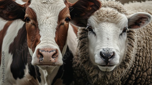 A cow and a sheep are standing next to each other looking at the camera.