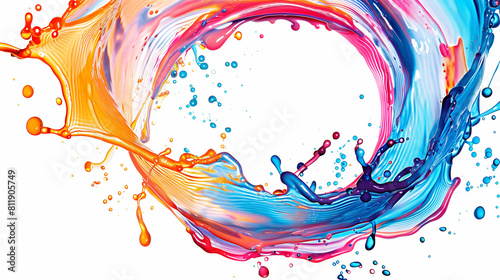 splashes of yellow, blue, purple paint in a circular motion on a white background. Abstract circle liquid motion flow explosion. Curved wave colorful pattern with paint drops on white background 