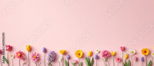 Spring flowers depicted on a flat background with space for text