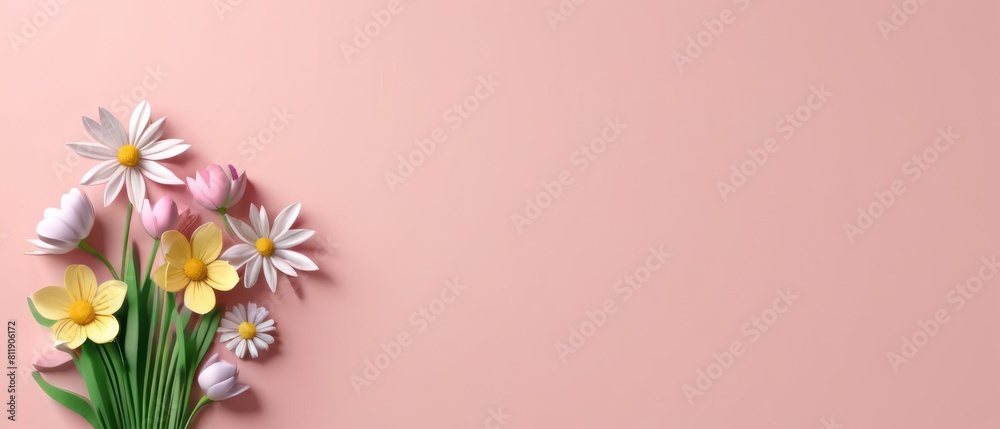 Naklejka premium Spring flowers depicted on a flat background with space for text